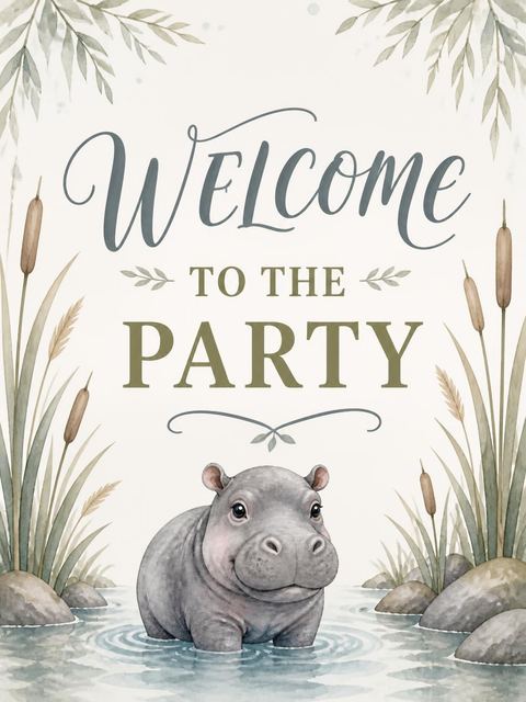 Welcome sign in the Watercolor Hippo Pond 2nd Birthday Invitation design