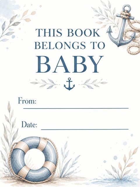 Books for baby bookplate in the Watercolor Anchor Life Ring Baby Shower design