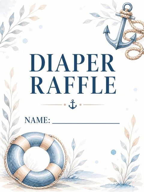 Diaper raffle ticket in the Watercolor Anchor Life Ring Baby Shower design