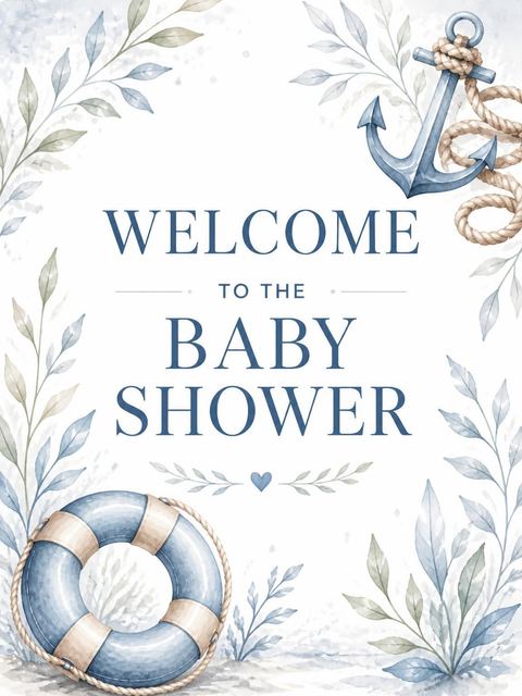 Welcome sign in the Watercolor Anchor Life Ring Baby Shower design