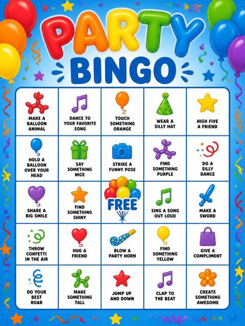 Bingo grid in the Rainbow Balloon Animal Number Birthday design