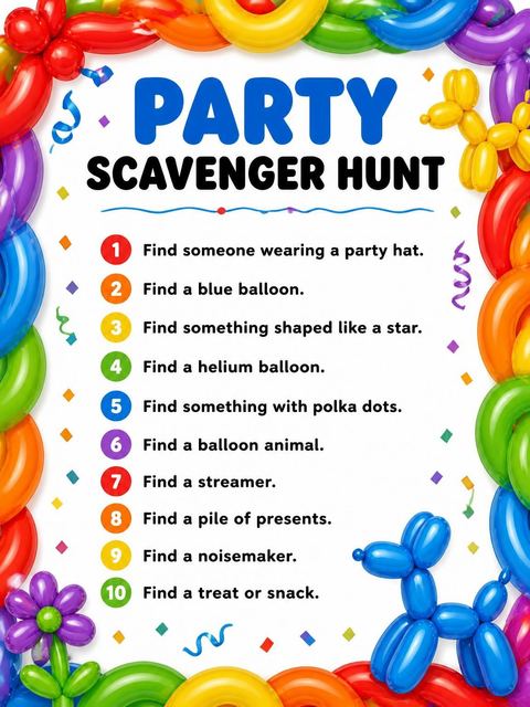 Scavenger hunt in the Rainbow Balloon Animal Number Birthday design
