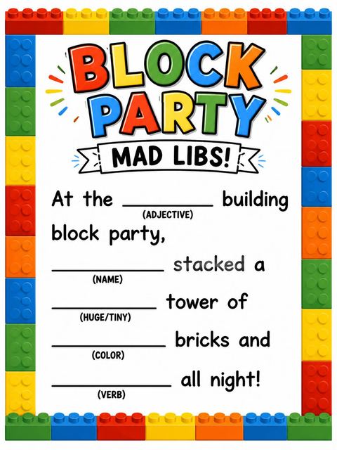 Mad libs in the Brick 6th Birthday Bash design
