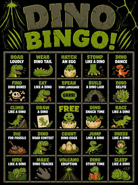 Bingo grid in the Dino-Mite Volcano 5th Birthday Roar design