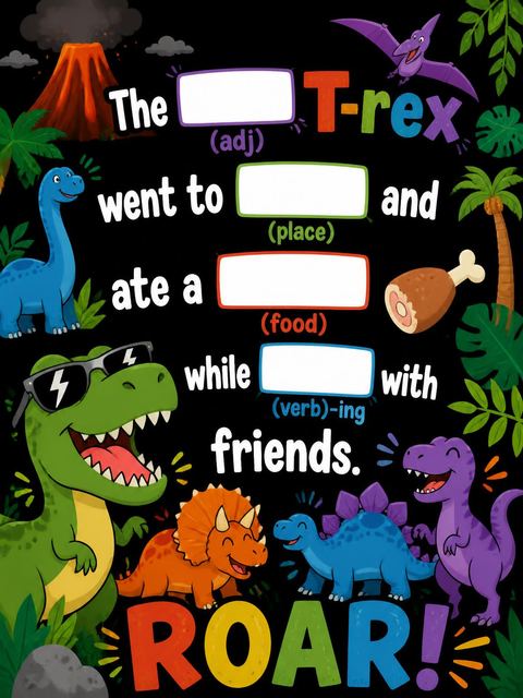 Mad libs in the Dino-Mite Volcano 5th Birthday Roar design