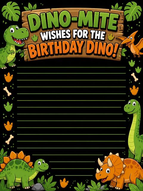 Wishes page in the Dino-Mite Volcano 5th Birthday Roar design