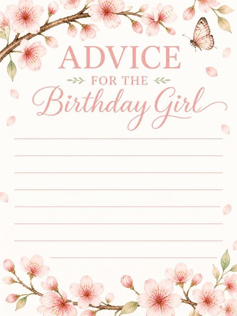 Advice card in the Watercolor Cherry Blossom Butterfly 1st Birthday design