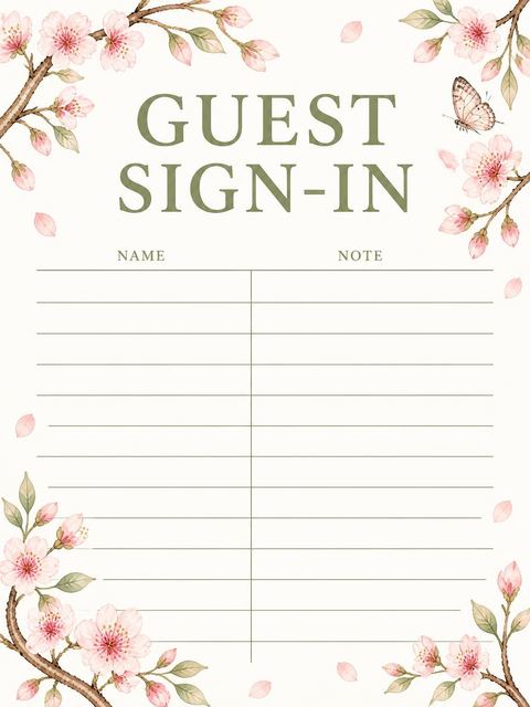 Guest sign-in sheet in the Watercolor Cherry Blossom Butterfly 1st Birthday design