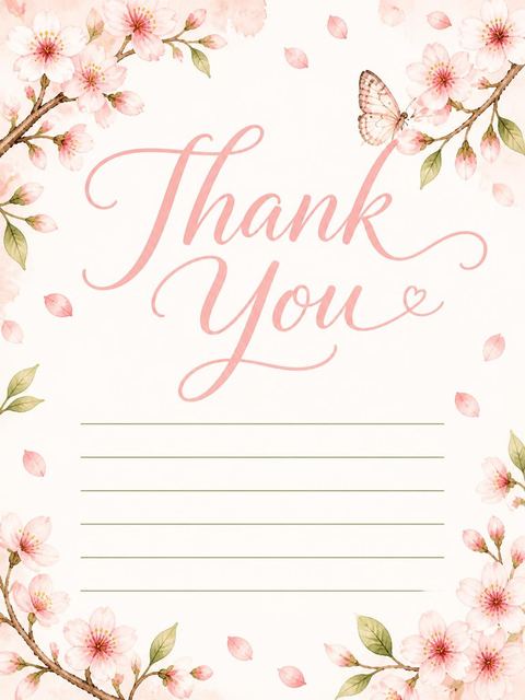 Thank-you flat in the Watercolor Cherry Blossom Butterfly 1st Birthday design