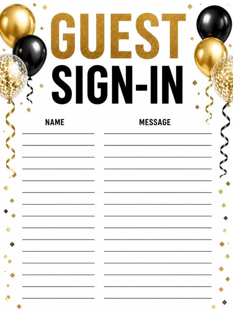 Guest sign-in sheet in the Gold Balloon 80th Birthday Invitation design
