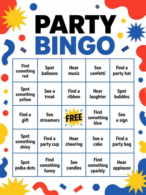 Bingo grid in the Primary Memphis Shape Birthday Invitation design