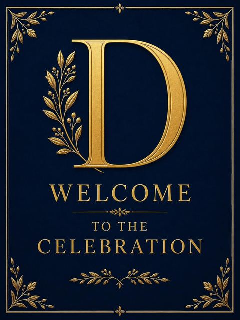 Welcome sign in the Navy and Gold Monogram 65th Birthday design