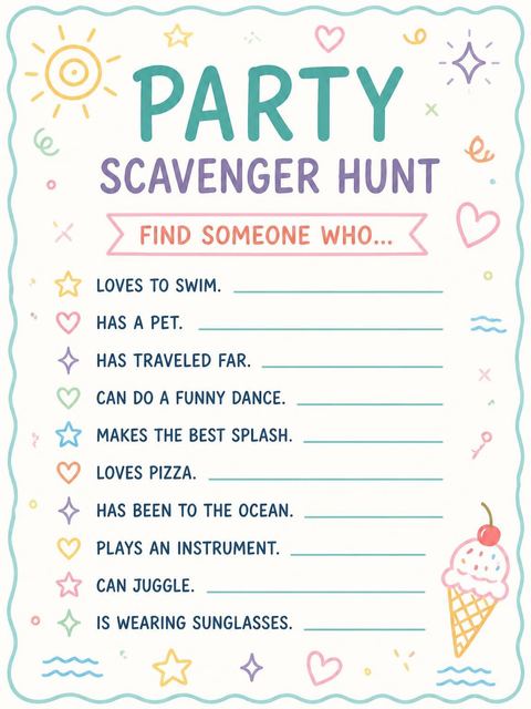 Scavenger hunt in the Pastel Doodle Scalloped Pool 15th Birthday design
