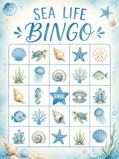 Bingo grid in the Watercolor Sea Turtle 4th Birthday design
