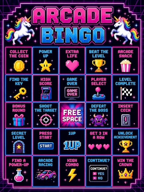 Bingo grid in the Neon Pixel Unicorn Arcade Birthday design