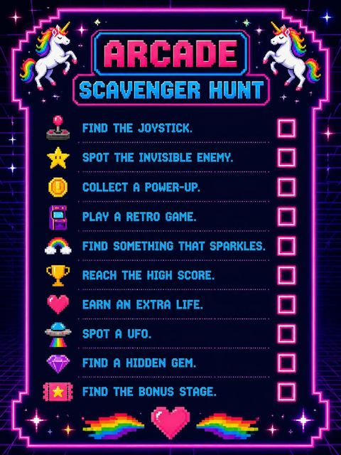 Scavenger hunt in the Neon Pixel Unicorn Arcade Birthday design