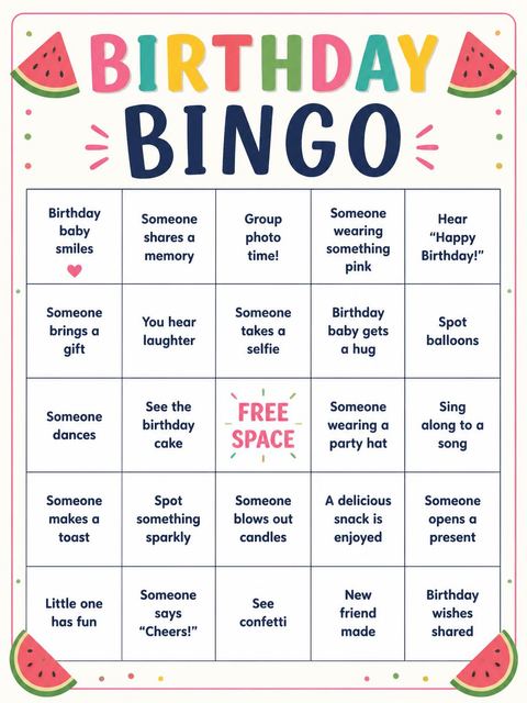 Bingo grid in the One in a Melon First Birthday design