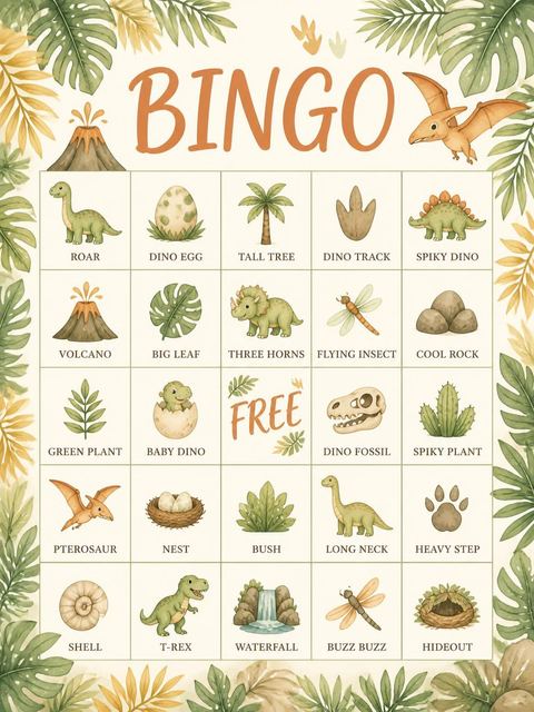 Bingo grid in the Watercolor Dinosaur Jungle 5th Birthday design