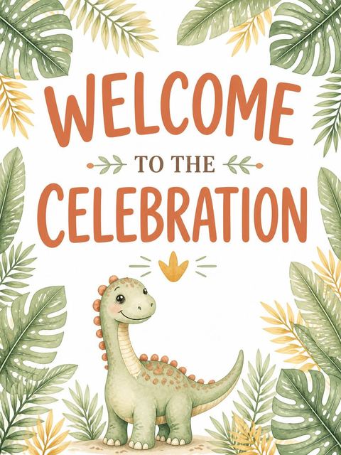 Welcome sign in the Watercolor Dinosaur Jungle 5th Birthday design