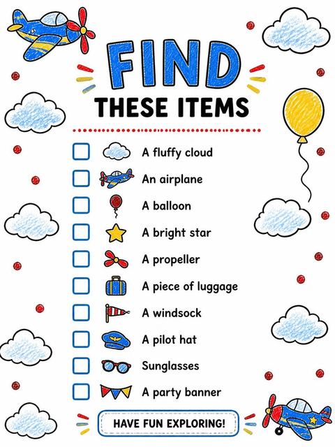 Scavenger hunt in the Crayon Airplane 10th Birthday Invitation design