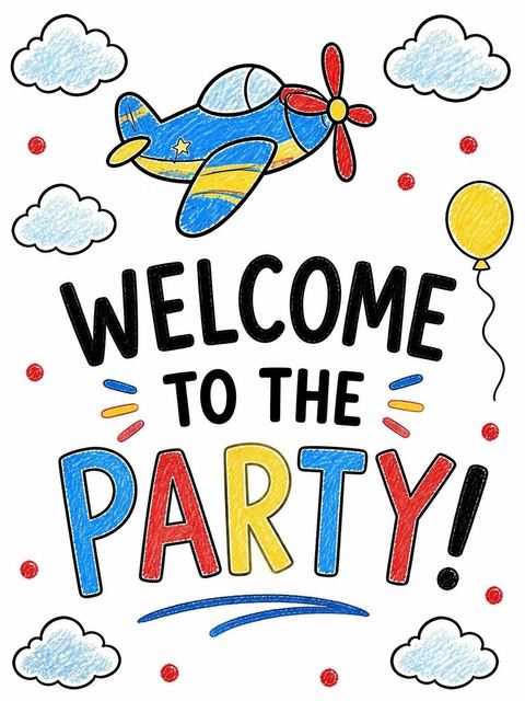 Welcome sign in the Crayon Airplane 10th Birthday Invitation design