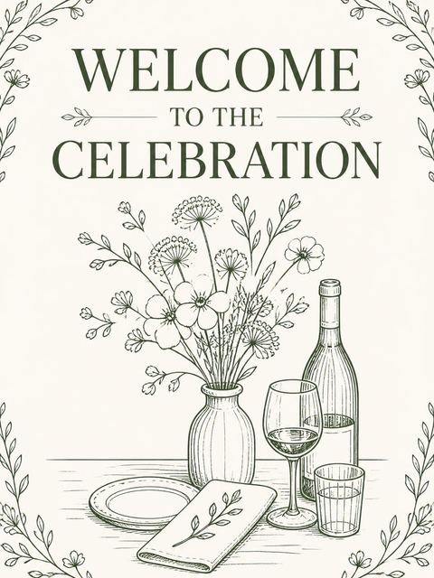 Welcome sign in the Ink Botanical Bistro 80th Birthday Invitation design