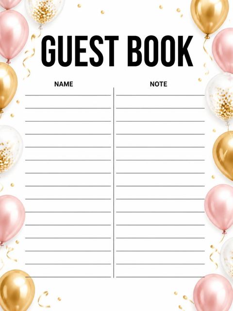Guest sign-in sheet in the Pink Gold Balloon 8th Birthday Invitation design
