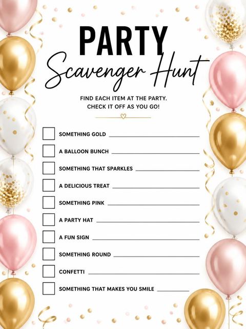 Scavenger hunt in the Pink Gold Balloon 8th Birthday Invitation design