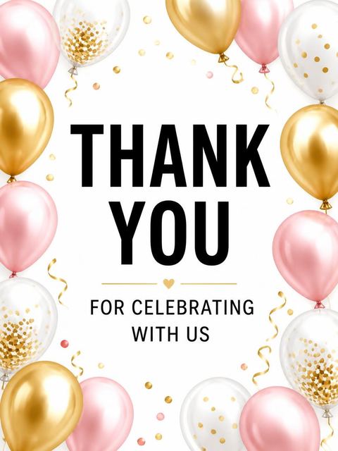 Thank-you flat in the Pink Gold Balloon 8th Birthday Invitation design