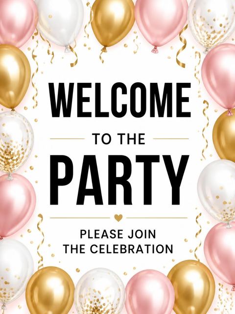 Welcome sign in the Pink Gold Balloon 8th Birthday Invitation design