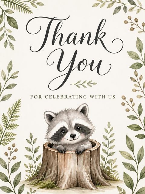 Thank-you flat in the Watercolor Raccoon Woodland 2nd Birthday design