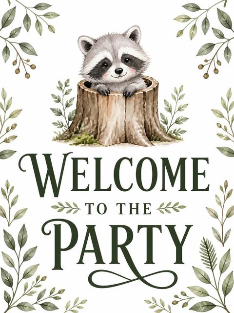 Welcome sign in the Watercolor Raccoon Woodland 2nd Birthday design
