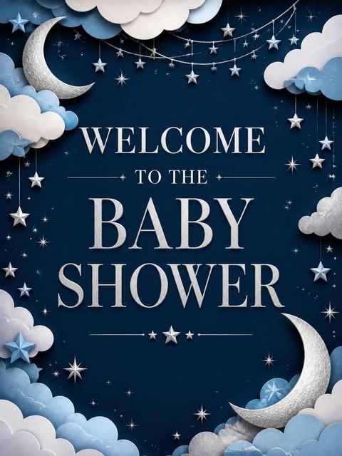 Welcome sign in the Navy Paper-Cut Moon Baby Shower design