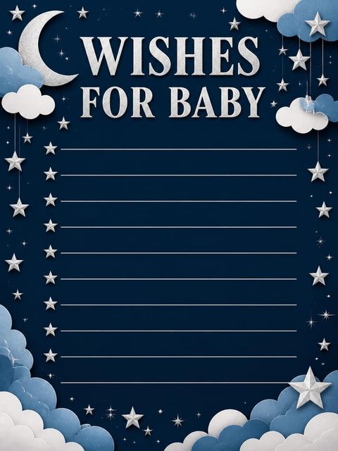 Wishes page in the Navy Paper-Cut Moon Baby Shower design