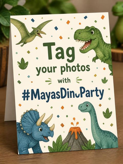 Hashtag card in the Cute Dino Party Birthday Invitation design