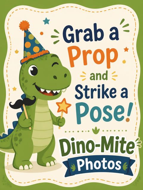 Photo-booth sign in the Cute Dino Party Birthday Invitation design
