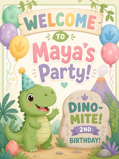 Welcome sign in the Cute Dino Party Birthday Invitation design