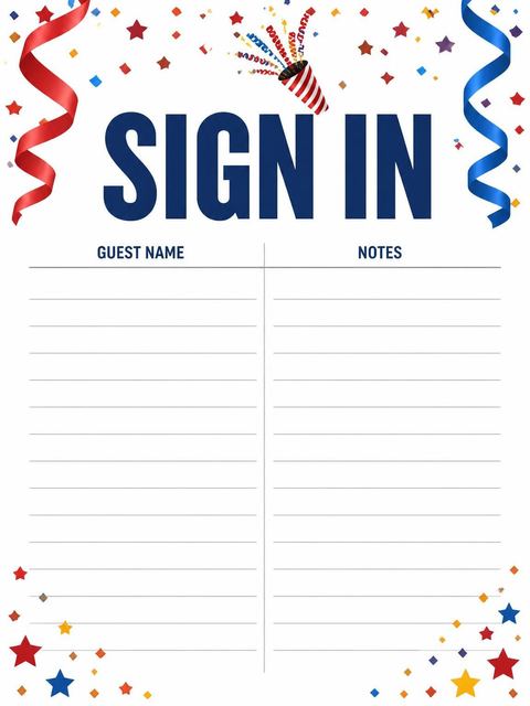 Guest sign-in sheet in the Red and Blue Streamer 25th Birthday design