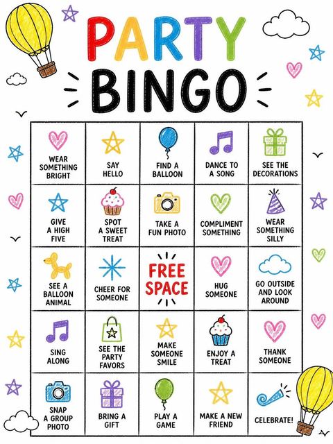 Bingo grid in the Crayon Doodle Hot Air Balloon 1st Birthday design