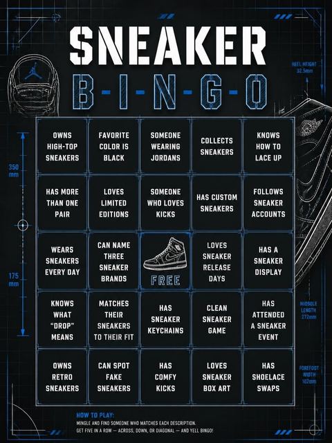 Bingo grid in the Industrial Sneaker Blueprint 13th Birthday Invitation design