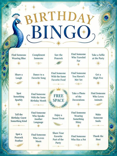 Bingo grid in the Watercolor Teal Peacock 6th Birthday Invitation design