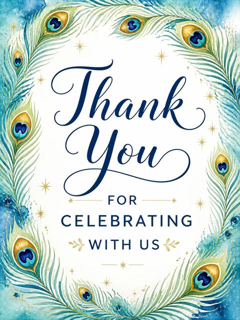 Thank-you flat in the Watercolor Teal Peacock 6th Birthday Invitation design