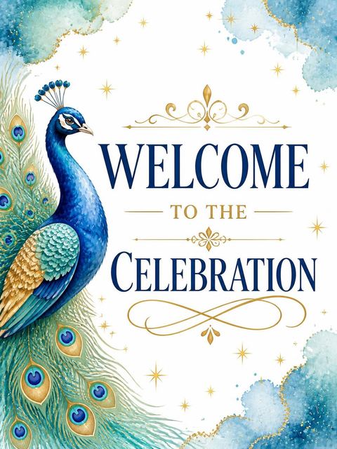 Welcome sign in the Watercolor Teal Peacock 6th Birthday Invitation design