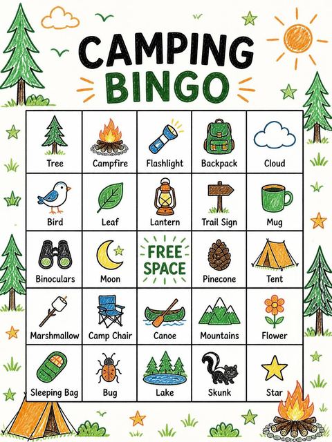 Bingo grid in the Crayon Sketch Camping 5th Birthday design