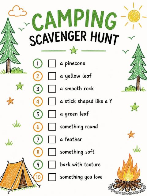 Scavenger hunt in the Crayon Sketch Camping 5th Birthday design
