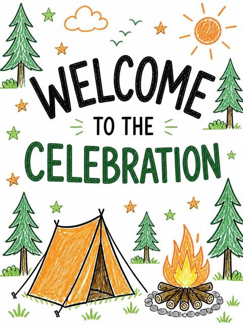 Welcome sign in the Crayon Sketch Camping 5th Birthday design