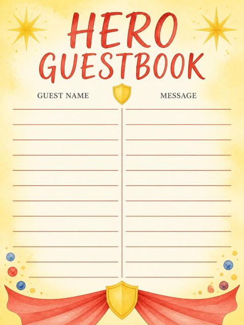 Guest sign-in sheet in the Watercolor Superhero Cape 8th Birthday design