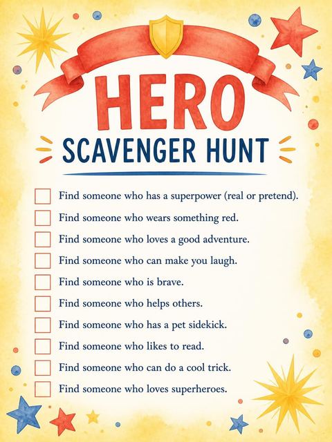 Scavenger hunt in the Watercolor Superhero Cape 8th Birthday design