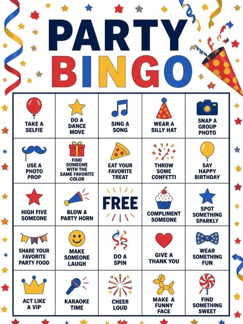 Bingo grid in the Primary Color Confetti Birthday Invitation design