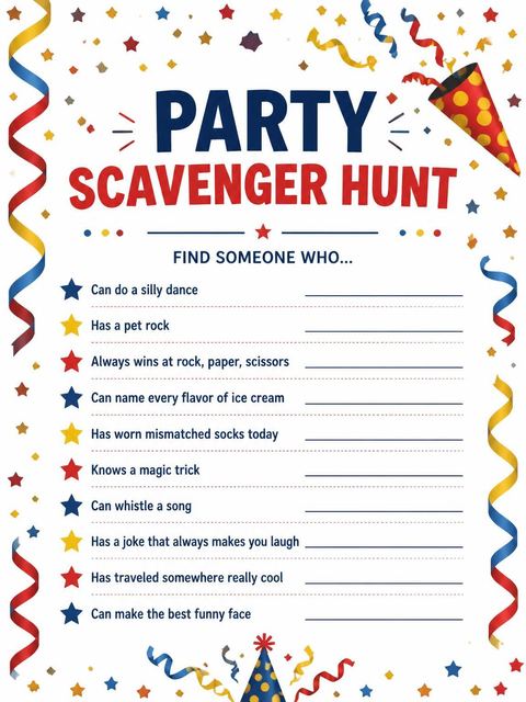 Scavenger hunt in the Primary Color Confetti Birthday Invitation design